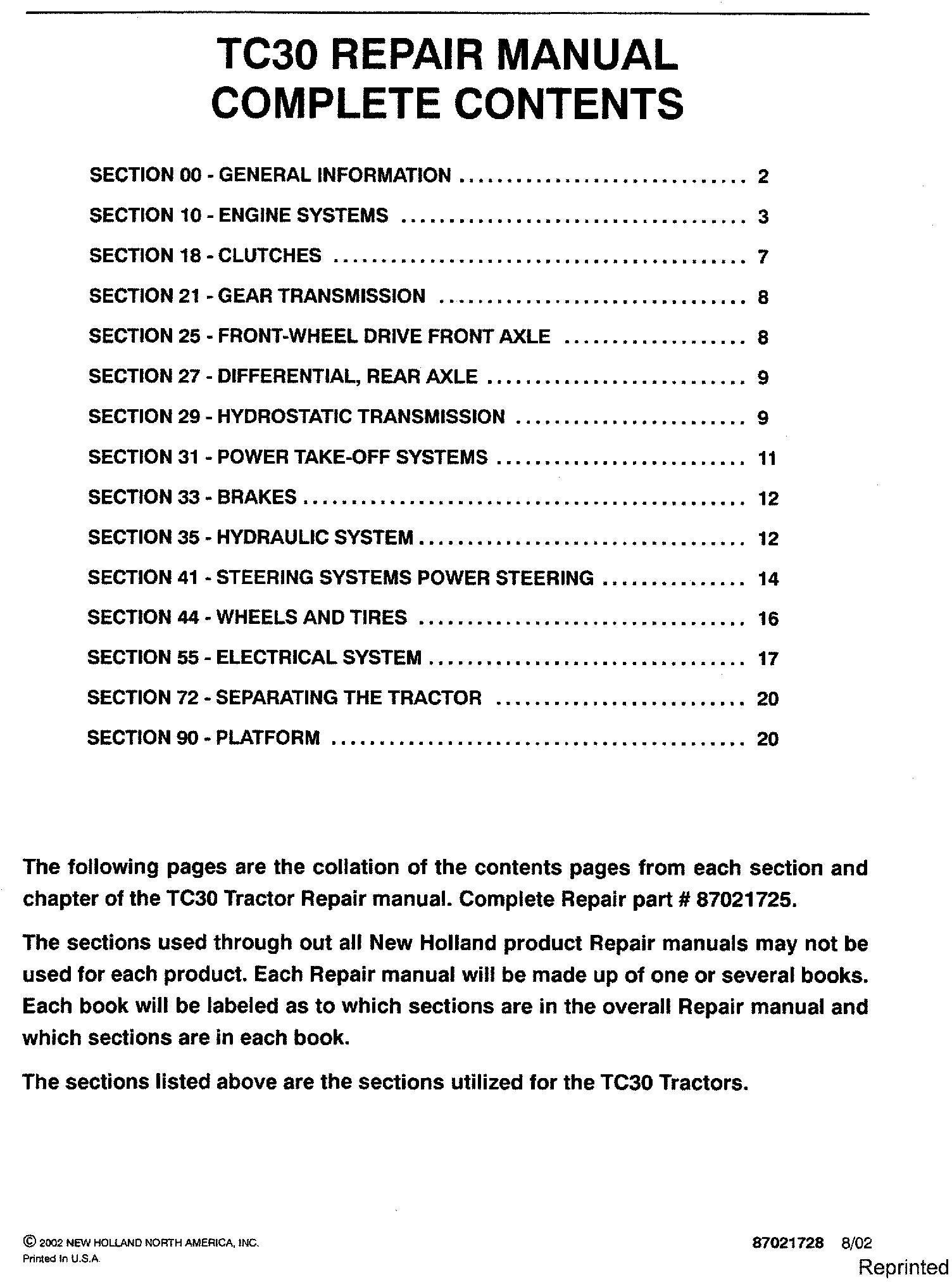 New Holland TC30 Tractor Service Repair Manual 87021725