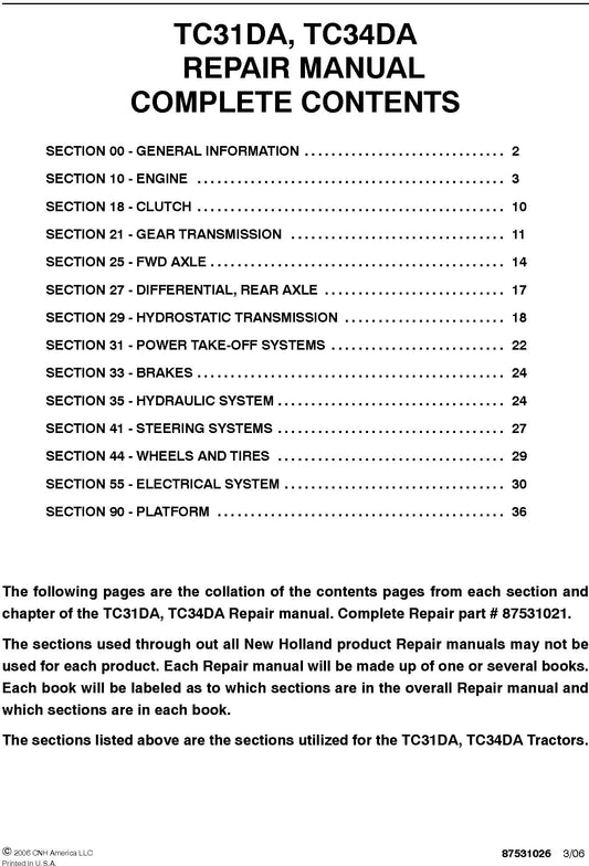 New Holland TC31DA, TC34DA Service Repair Manual 87531021