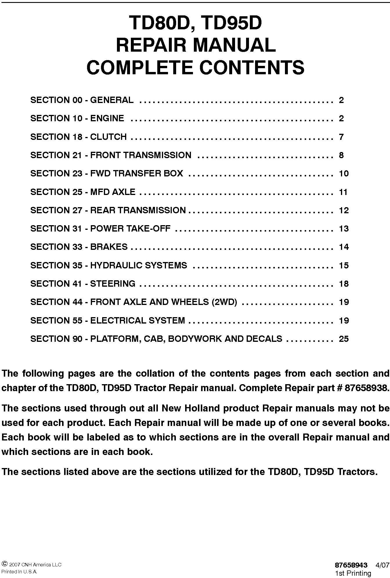 New Holland TD80D, TD95D Service Repair Manual 87658938