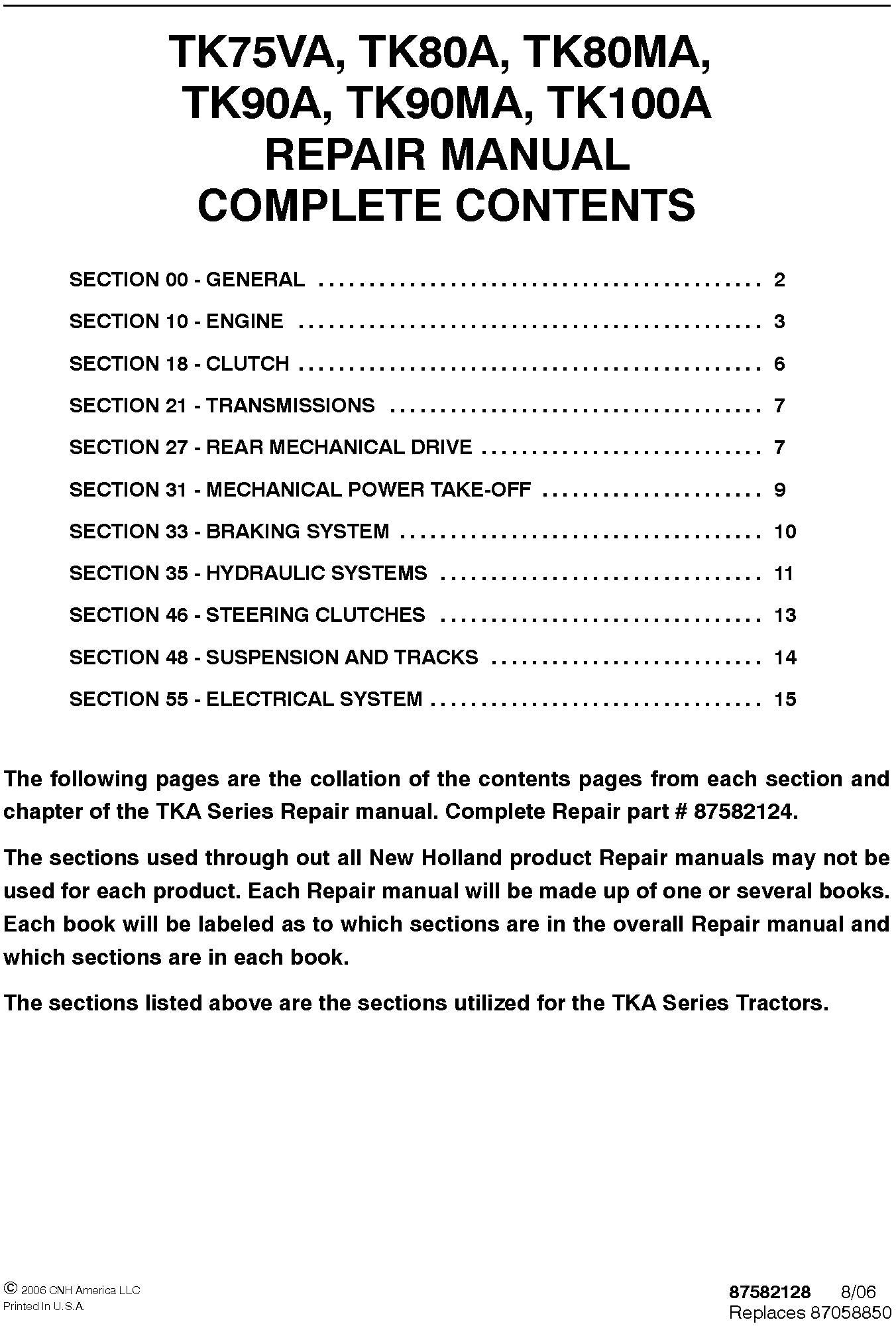 New Holland TK75VA TK80A MA TK90A MA TK100A Tractor Service Manual (87582124)