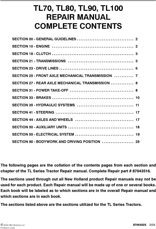 New Holland TL70, TL80, TL90, TL100 Service Repair Manual 87043516