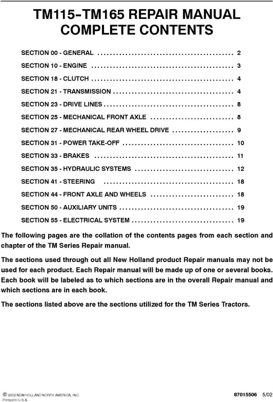 New Holland 115--165 Service Repair Manual 87015498