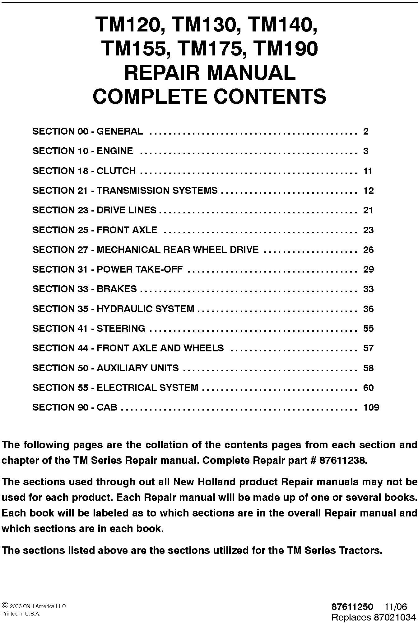 New Holland TM120 TM130 TM140 TM155 TM175 TM190 Tractor Service Manual (87611238)