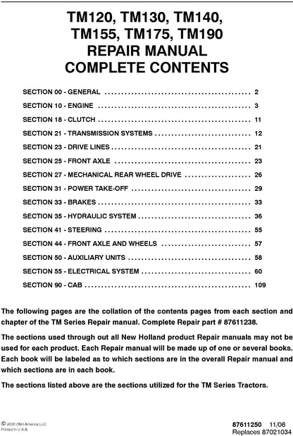 New Holland TM120 TM130 TM140 TM155 TM175 TM190 Tractor Service Manual (87611238)