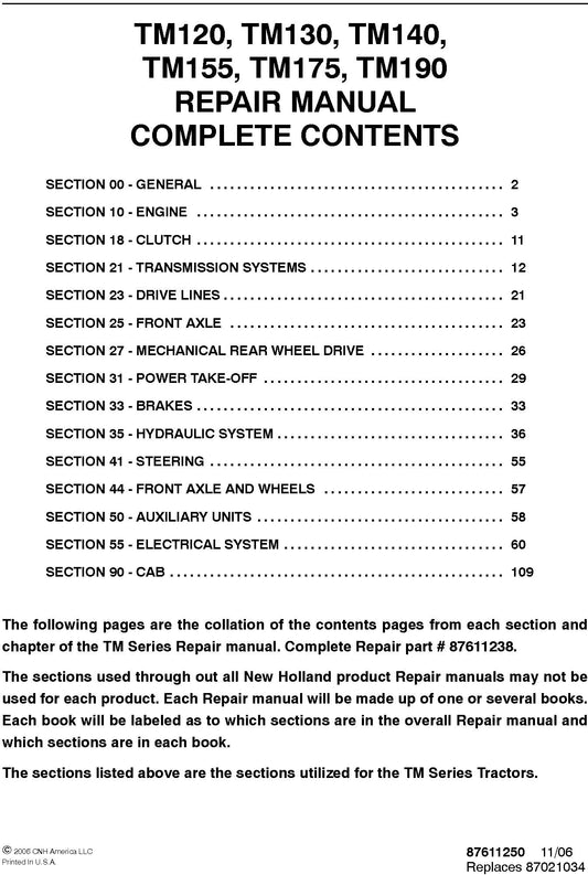 New Holland TM120 TM130 TM140 TM155 TM175 TM190 Tractor Service Manual (87611238)