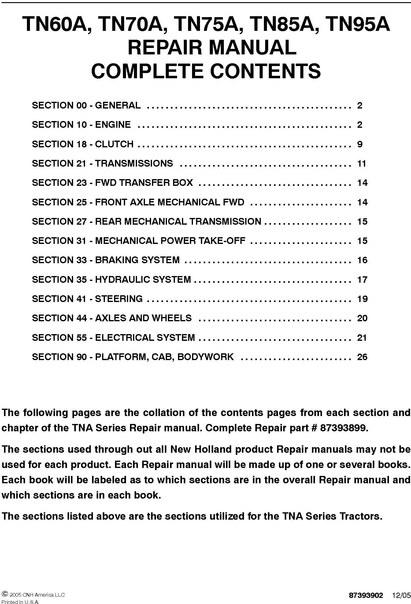 New Holland TN60A, TN70A, TN75A, TN85A, TN95A Service Repair Manual 87393899