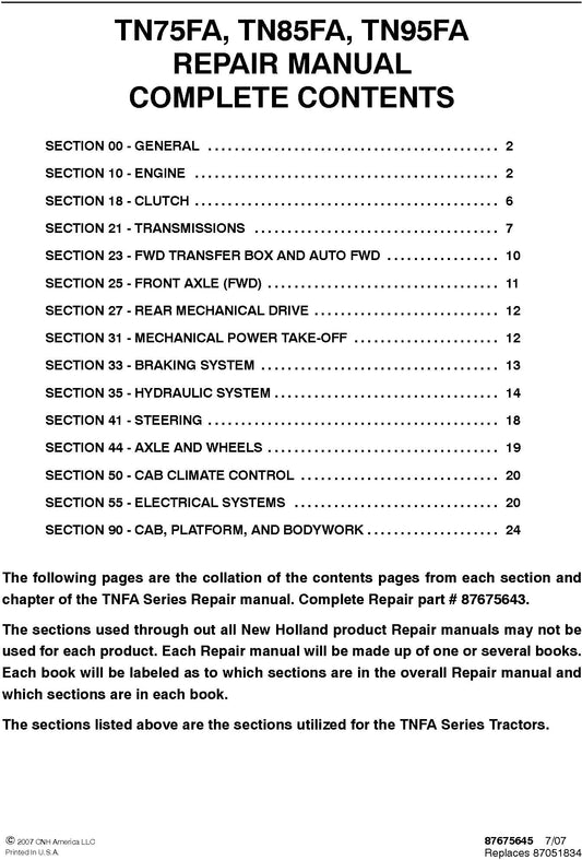 New Holland TN75FA, TN85FA, TN95FA Service Repair Manual 87675643