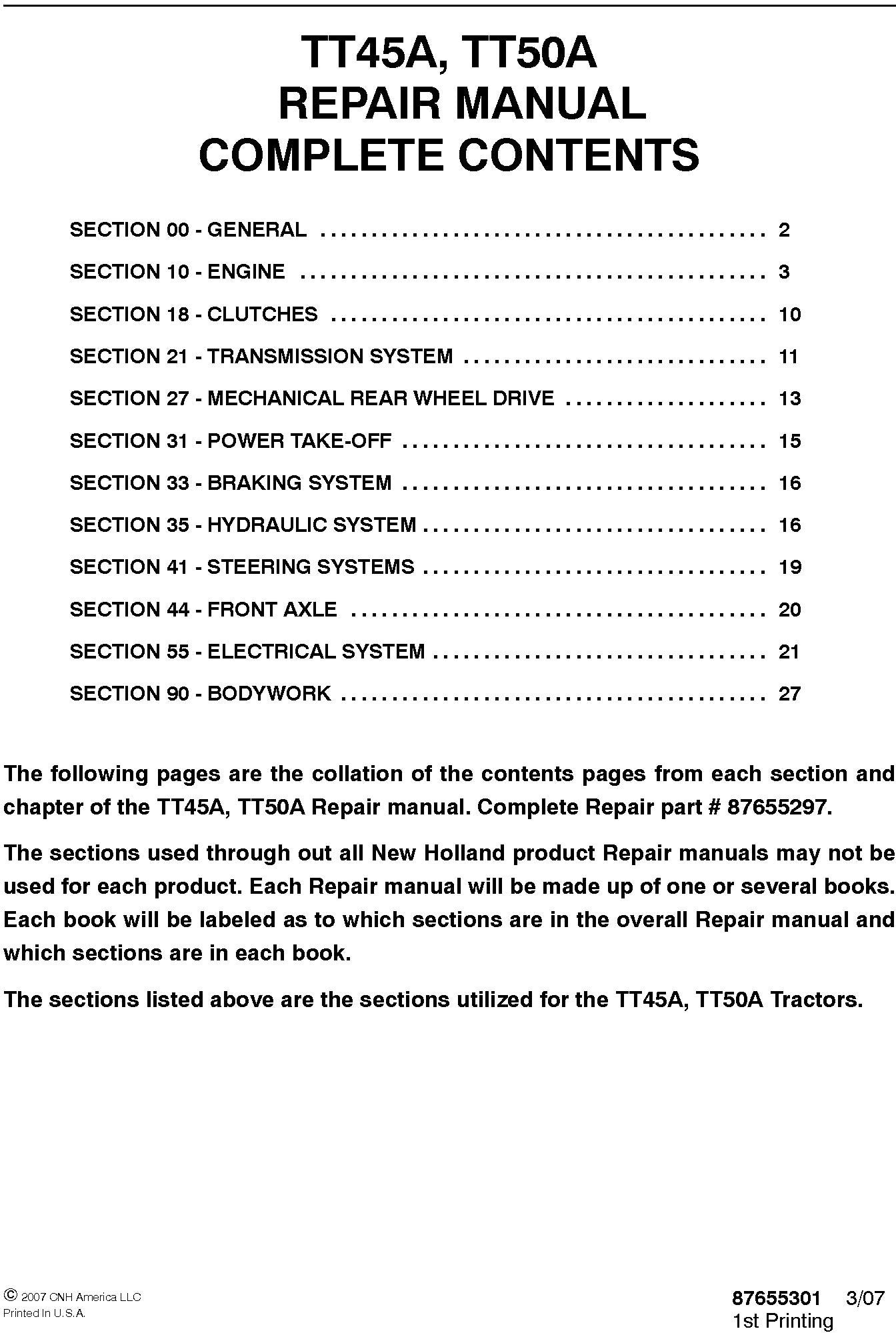 New Holland TT45A, TT50A Service Repair Manual 87655297