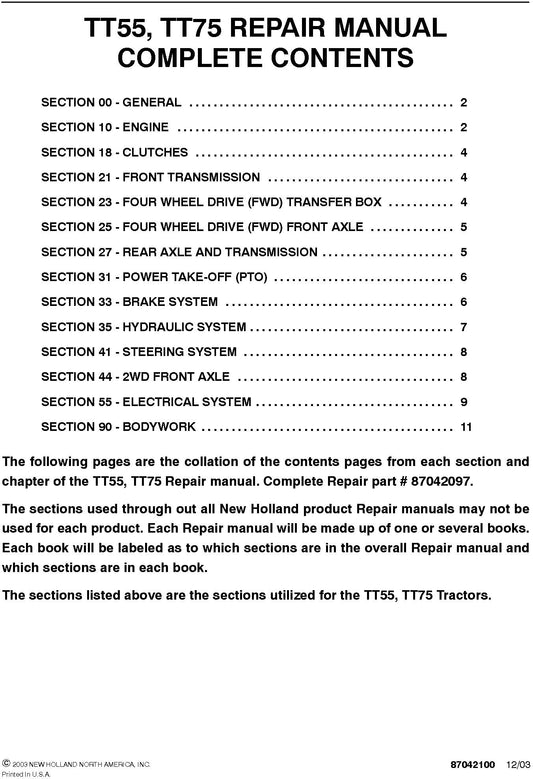 New Holland TT55, TT75 Service Repair Manual 87042097