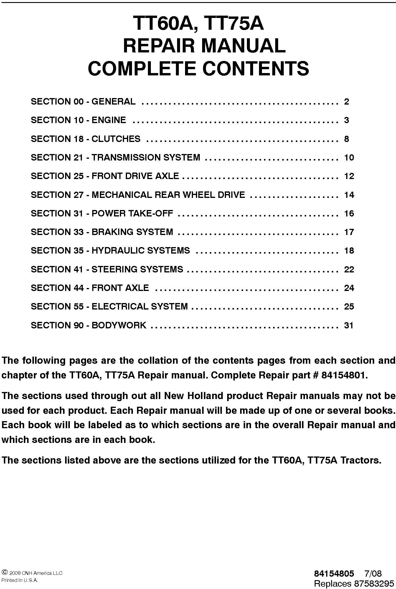 New Holland TT60A, TT75A Service Repair Manual 84154801
