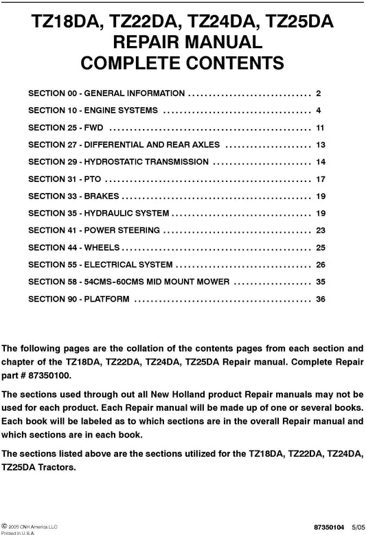 New Holland TZ18DA, TZ22DA, TZ24DA, TZ25DA Service Repair Manual 87350100
