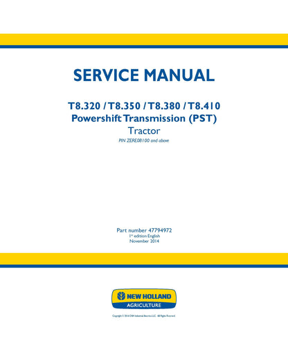 New Holland T8.32 T8.35 T8.38 T8.41 PST Tractor Service Manual (47794972)