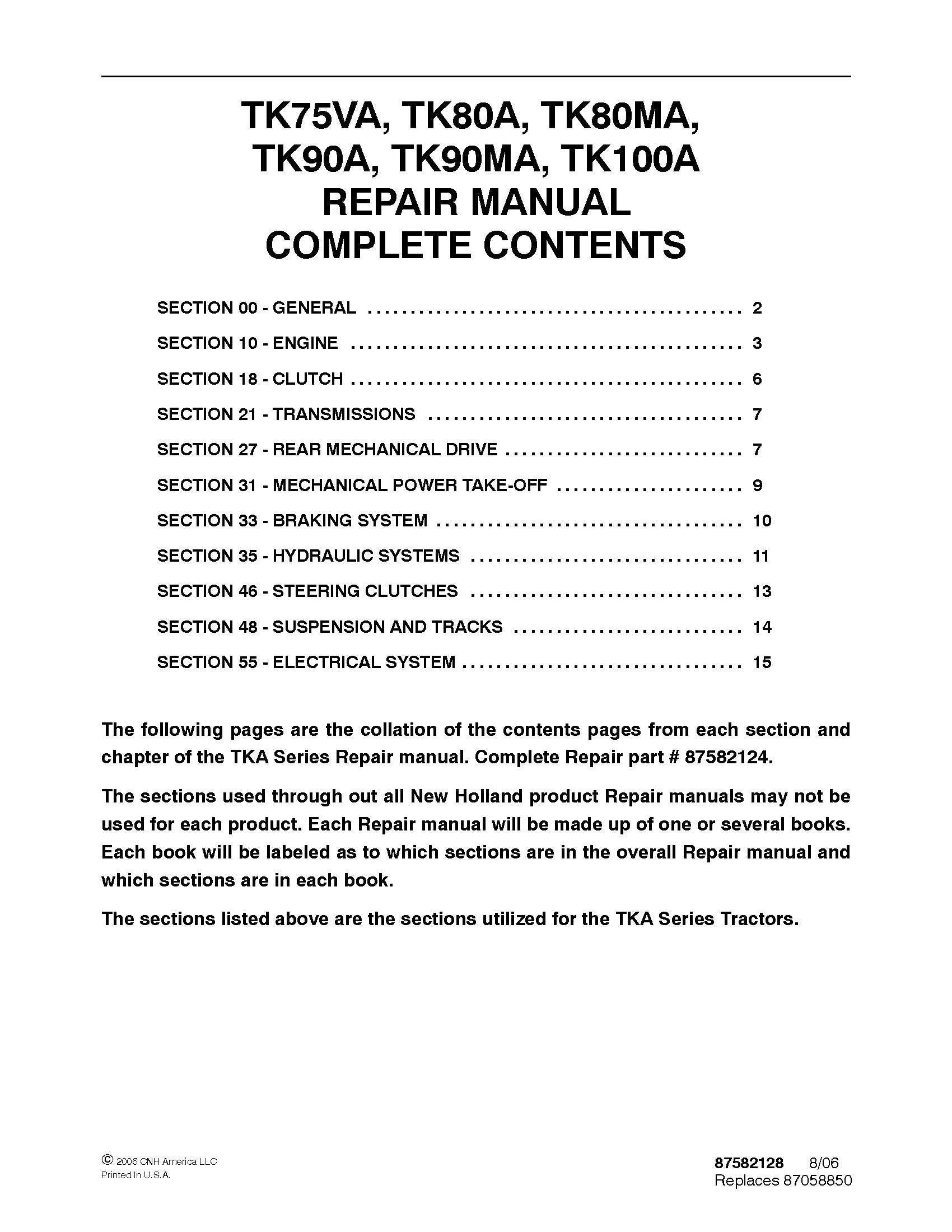 New Holland TK75VA TK80A MA TK90A MA TK100A Tractor Service Manual (87582124)