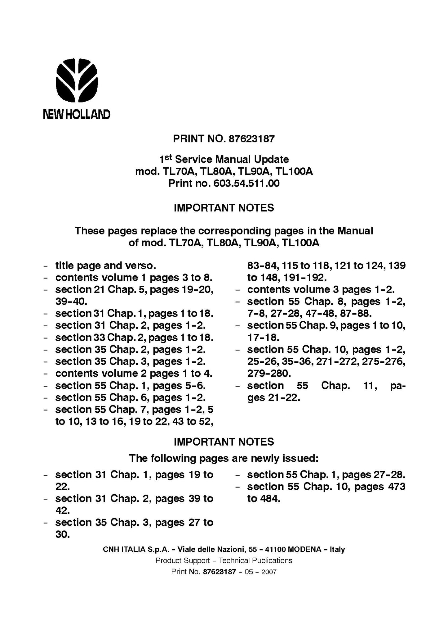 New Holland TL 70 80 90 100 A Tractor Service Manual (87623187)