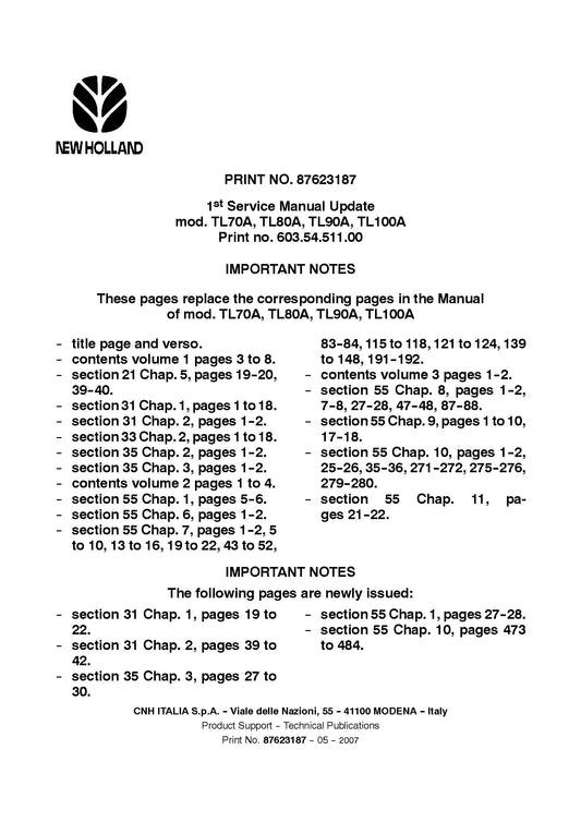 New Holland TL 70 80 90 100 A Tractor Service Manual (87623187)