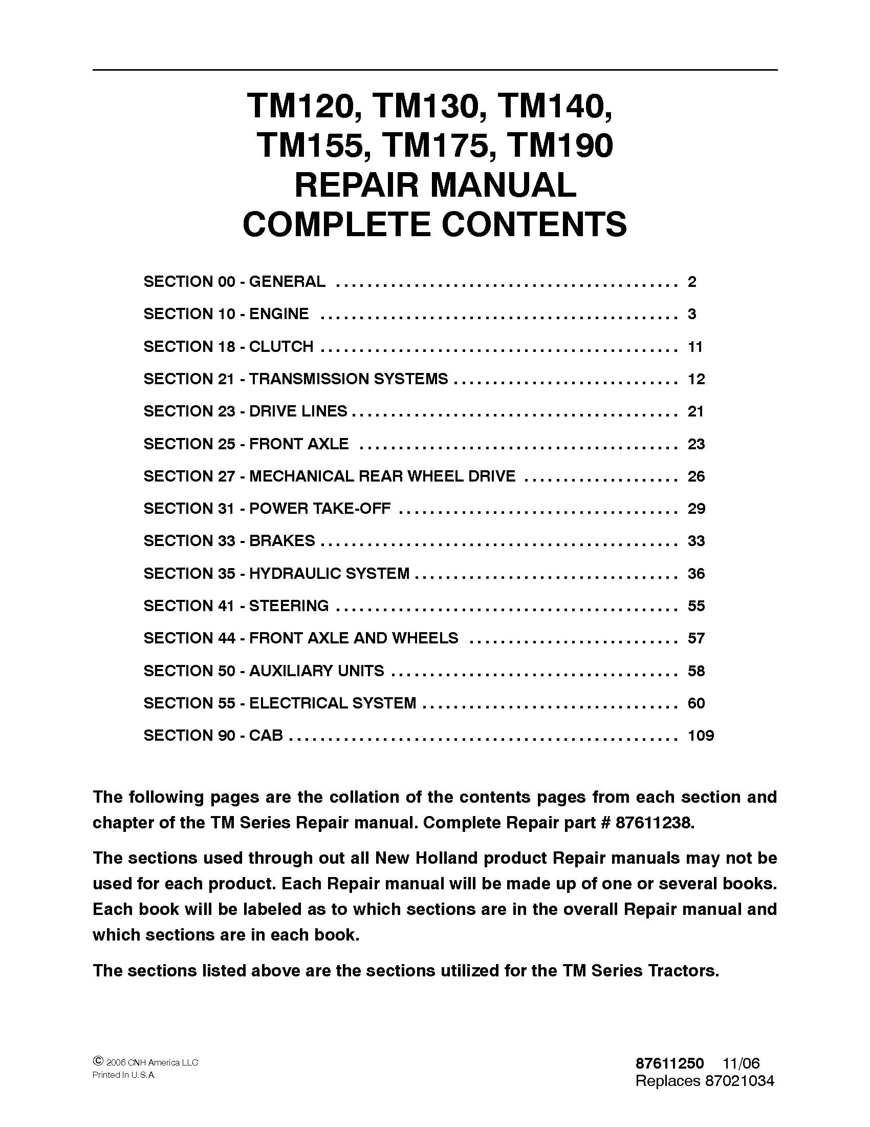 New Holland TM120 TM130 TM140 TM155 TM175 TM190 Tractor Service Manual (87611238)