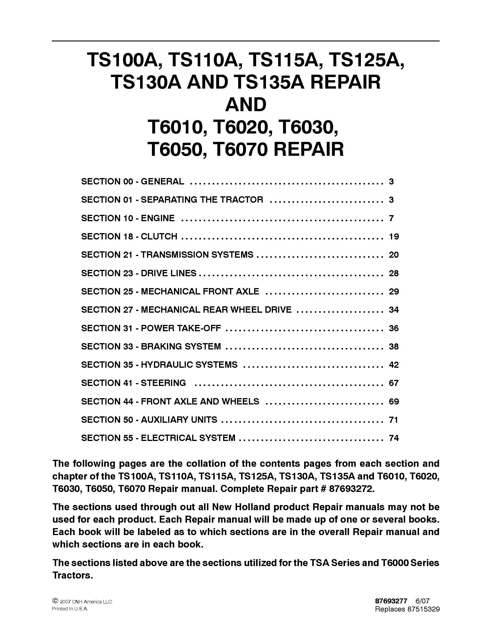 New Holland TS100 110 115 125 130 135 A T6010 6020 6030 6050 6070 Tractor Service Manual (87693272)